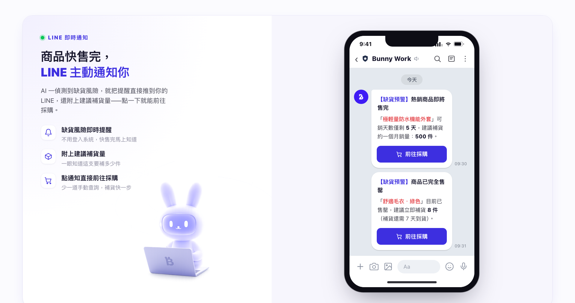 LINE 缺貨預警通知示意圖：商品即將售完，附上建議補貨量與前往採購按鈕